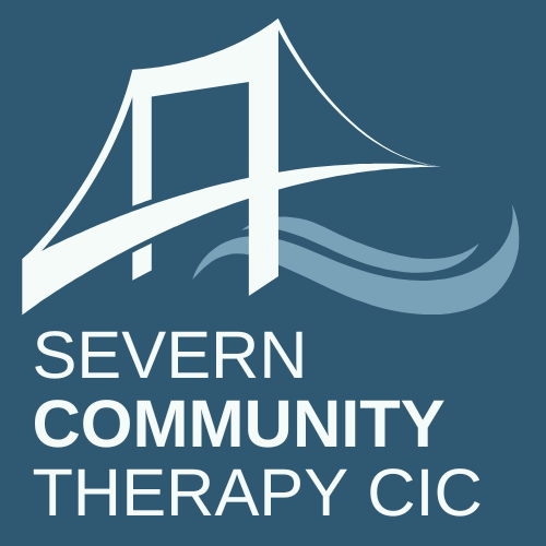Severn Community Therapy CIC logo — white Severn bridge over a stylised wave on a slate blue background